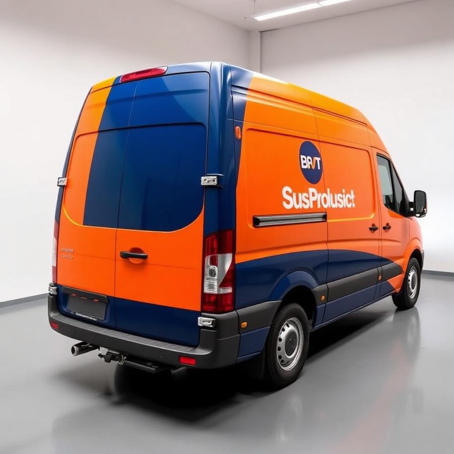 Bedrijfsvoertuig na premium car wrap in oranje en blauw