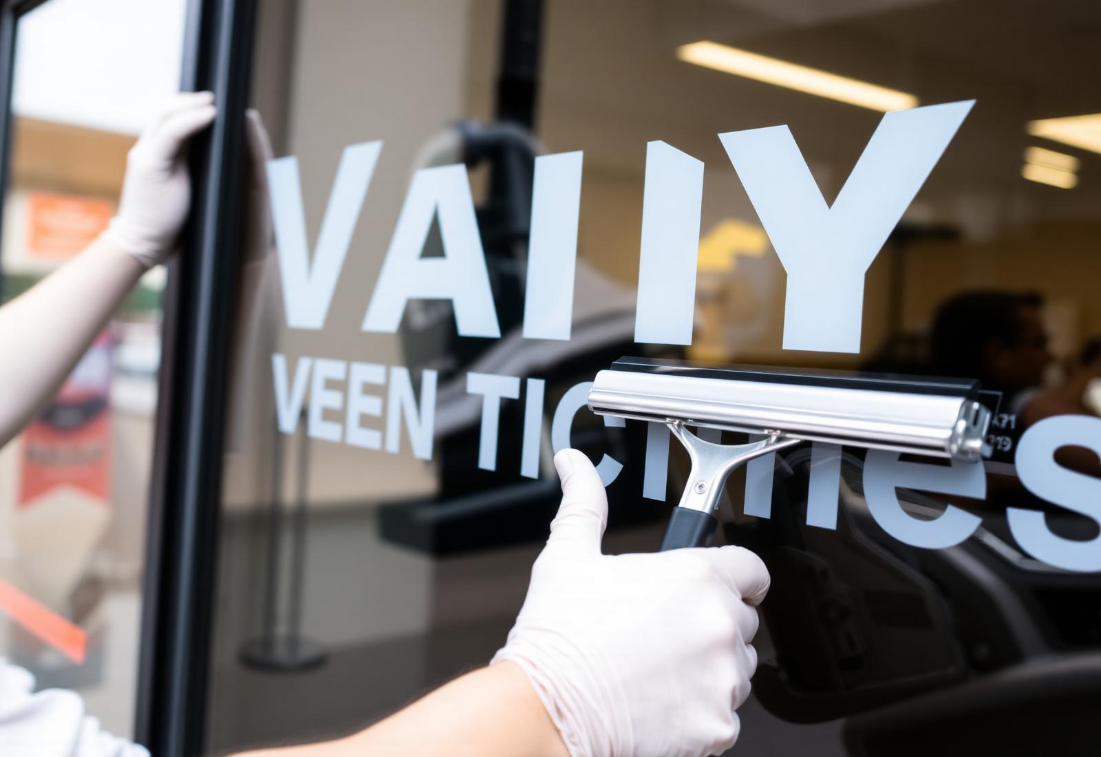 Installateur plaatst raamfolie met squeegee op een gevel